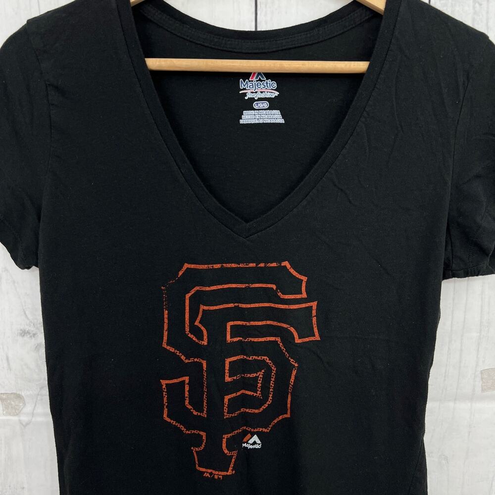 Majestic San Francisco Giants MLB V-Neck T-Shirt Women's Large Black Fitted